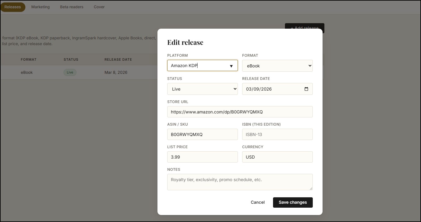 Submissions tracker listing publishing platforms and their statuses