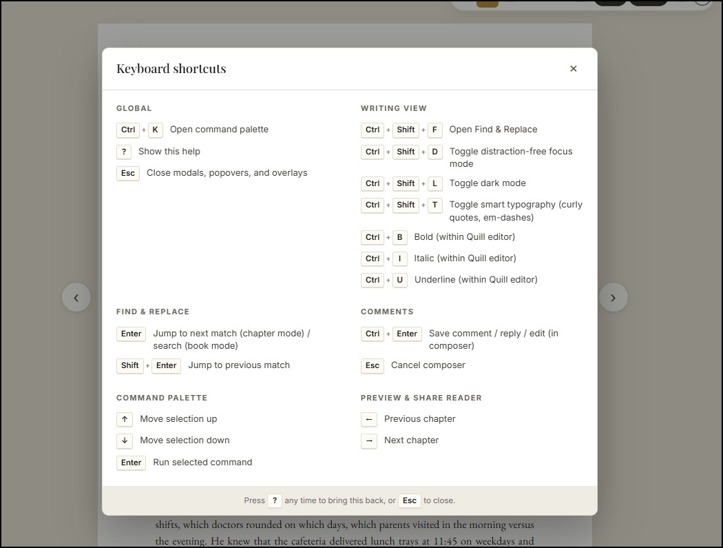Keyboard shortcuts reference open in the in-app help dialog