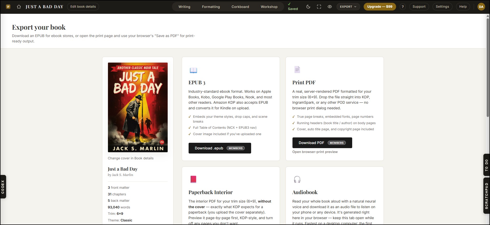 Export page offering EPUB and print-ready PDF downloads