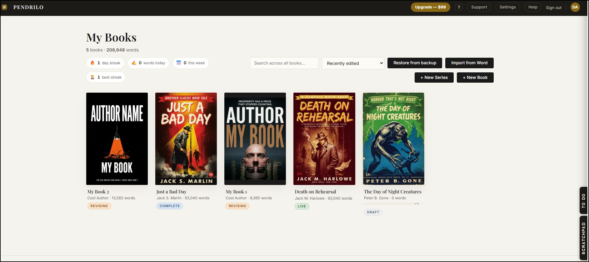Pendrilo library view listing every book project at a glance